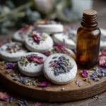 Close up of small, round, white powdery clay-like stones resting on a rustic wooden board with a neutral background.