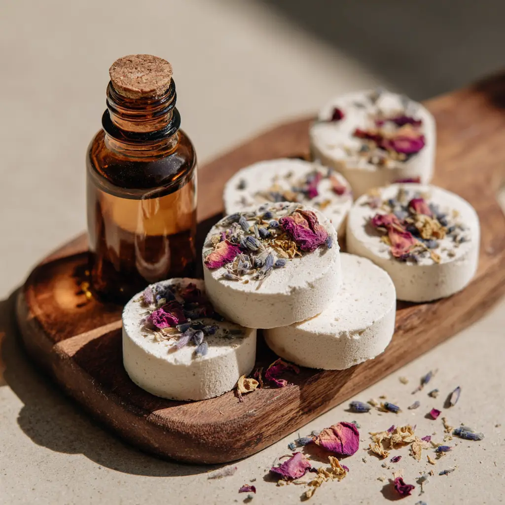 Top down view of edible DIY aroma stones embedded with tiny dried purple lavender buds and crushed pink rose petals next to an amber glass dropper bottle.