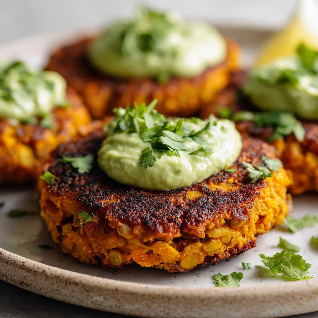 Thick dollop of smooth pale green creamy avocado cilantro sauce on top of crispy sweet potato and red lentil patties.