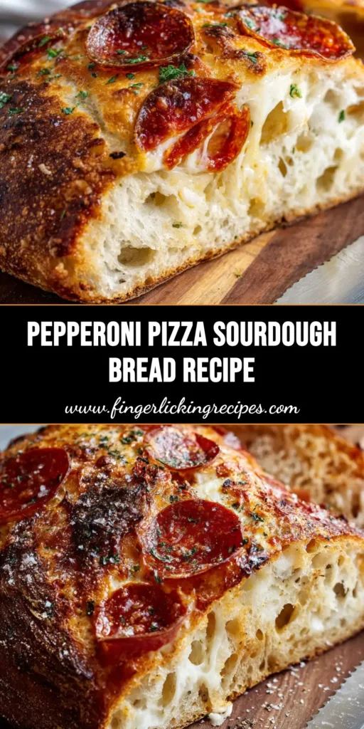 Close up of an artisan Pepperoni Pizza Sourdough Bread revealing melted mozzarella pools and crisped pepperoni.