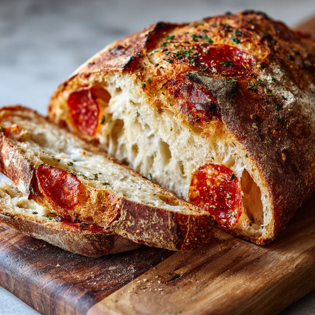 Sliced pepperoni pizza sourdough bread showing soft airy crumb, stringy white mozzarella cheese, and green dried Italian herbs.