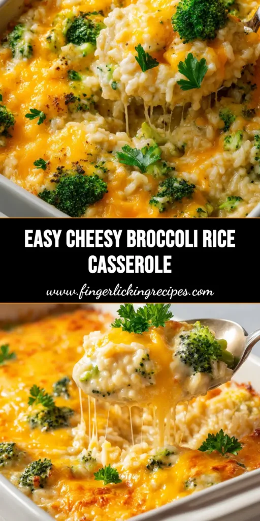 A freshly baked Broccoli Cheese Rice Casserole with gooey sharp cheddar cheese pulls and golden-brown crispy edges.