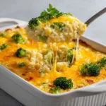 Close-up of tender cooked white rice and bright green chopped broccoli covered in a pale-yellow creamy cheese sauce.