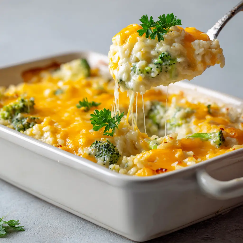Top down view of a rectangular white ceramic baking dish filled with bubbling orange cheddar cheese and a single sprig of parsley.
