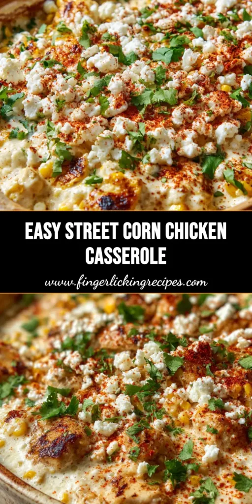 A bubbling street corn chicken casserole baked in a rustic ceramic dish, topped with cotija cheese, chili powder, and fresh cilantro.