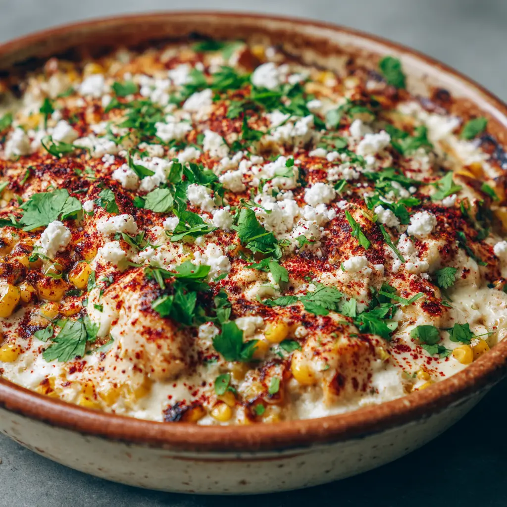 Freshly baked street corn chicken casserole generously sprinkled with crumbled white cotija cheese and chopped fresh cilantro.