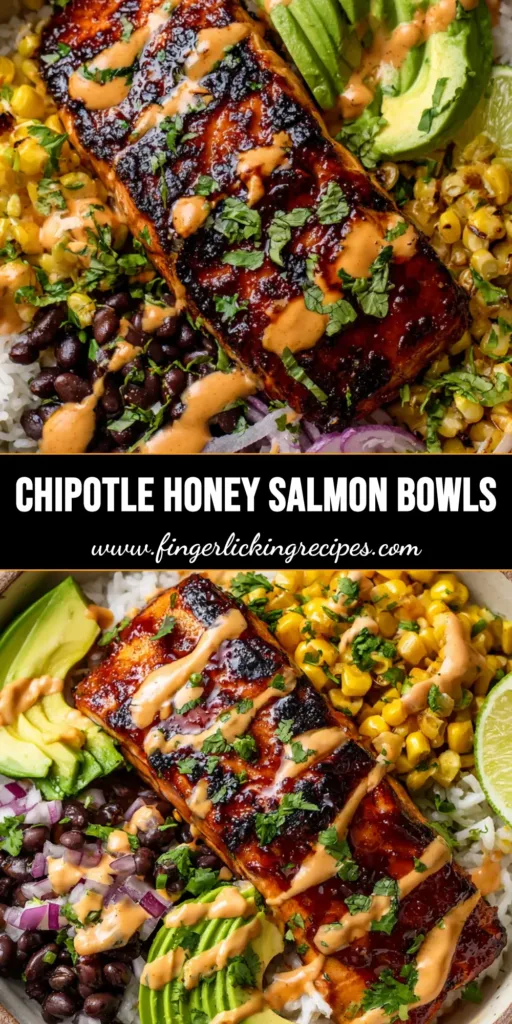 Outstandingly Flavorful Chipotle Honey Salmon Bowls 5 A close-up overhead shot of a Chipotle Honey Salmon Bowl in a shallow ceramic bowl with fluffy white rice, sticky glazed salmon, charred corn, and avocado.