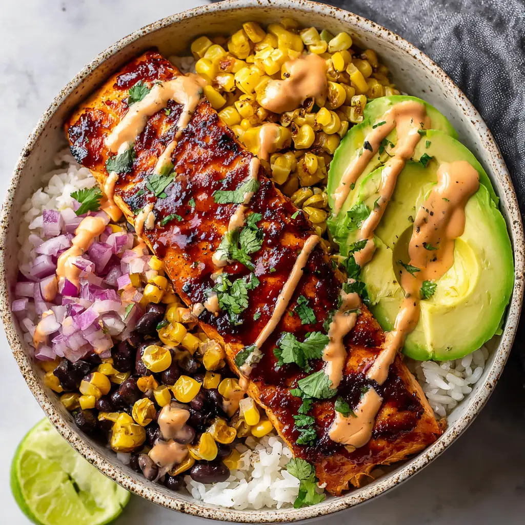 Outstandingly Flavorful Chipotle Honey Salmon Bowls 3 A pan-seared salmon fillet heavily glazed in a sticky reddish-brown chipotle honey sauce with charred edges over white rice.