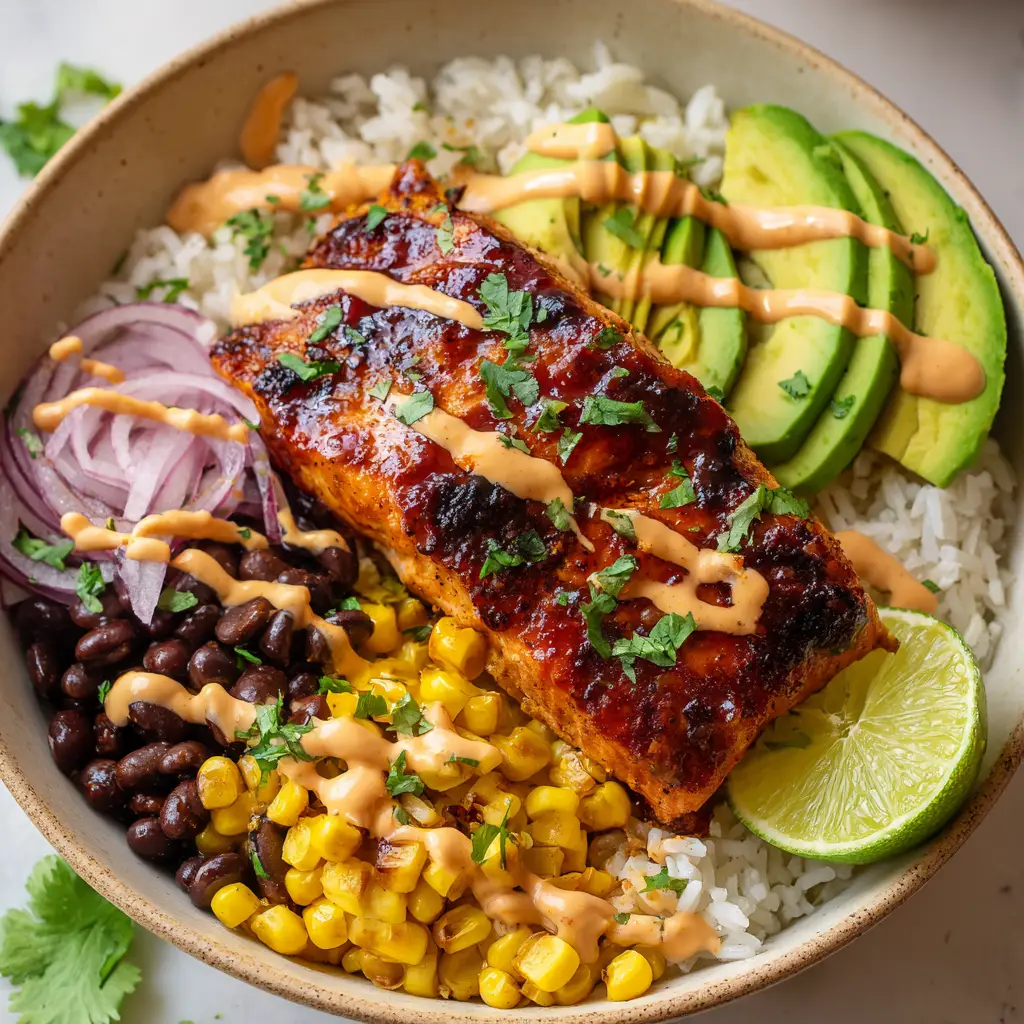 Outstandingly Flavorful Chipotle Honey Salmon Bowls 2 A creamy light orange chipotle sauce drizzled zigzag across a bowl of salmon, avocado, black beans, and charred yellow corn kernels.