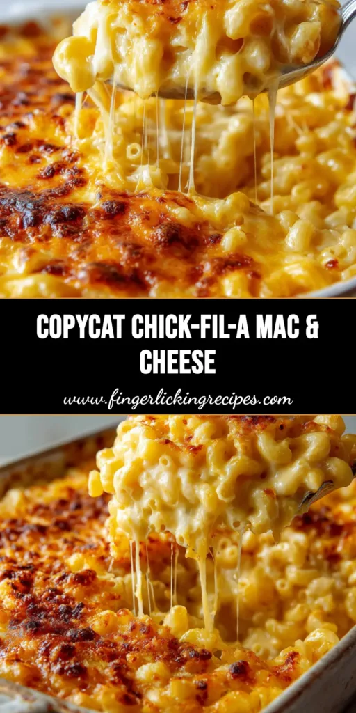 A close-up vertical shot of baked macaroni and cheese being scooped, showcasing thick strands of gooey melted cheese stretching from a rustic ceramic dish. (Chick-fil-A Mac and Cheese recipe)