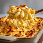 Close-up angled shot of baked macaroni and cheese in a rustic ceramic baking dish with plump noodles and a bright yellow-orange sauce. (Chick-fil-A Mac and Cheese recipe)