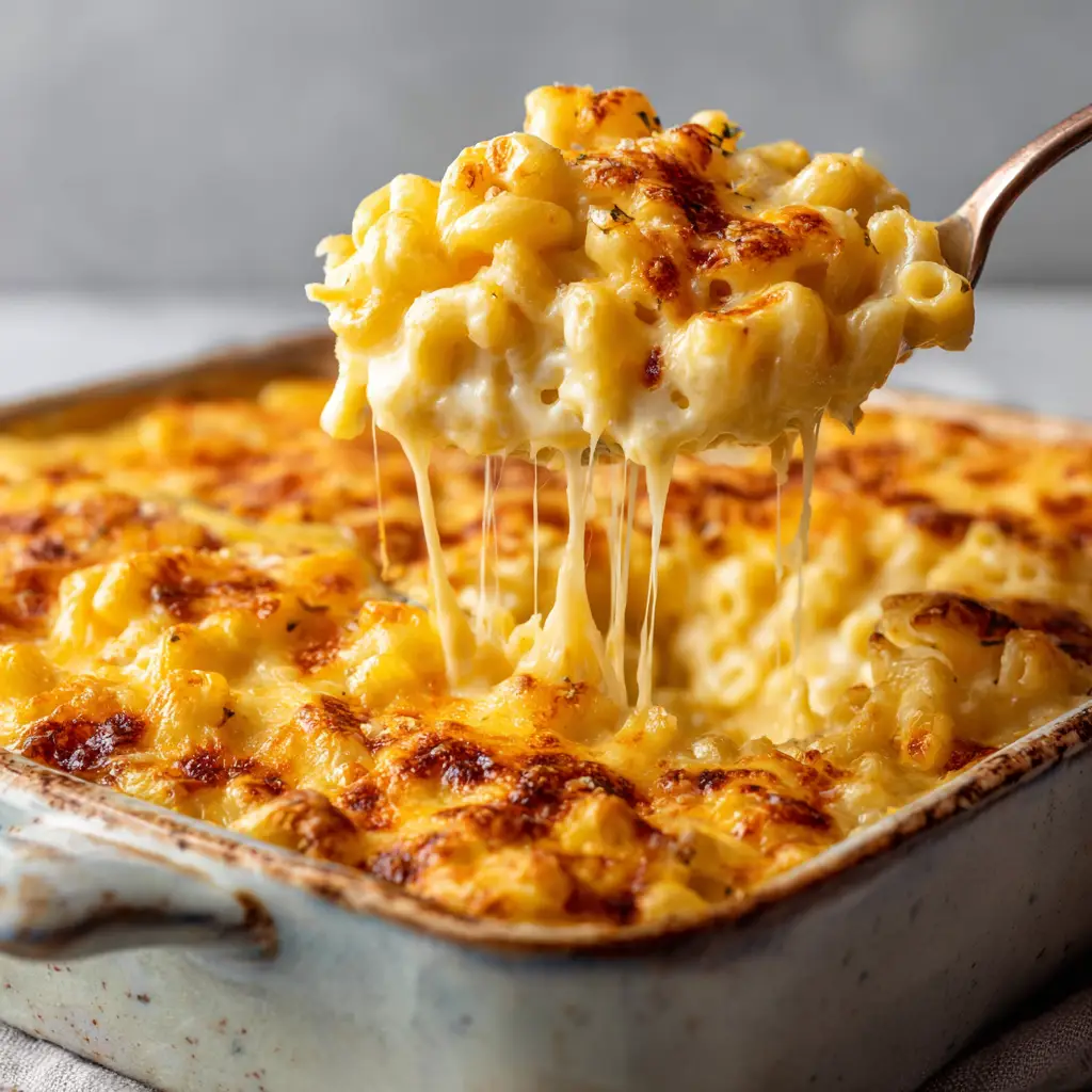 Close up of the top layer of macaroni and cheese featuring a beautifully baked, slightly charred and bubbly crust of melted mixed cheeses.