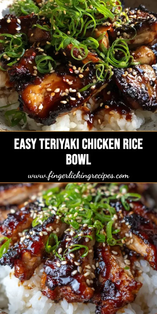 The Ultimate Teriyaki Chicken Rice Bowl Guaranteed to Satisfy 5 A close-up view of a Teriyaki Chicken Rice Bowl in a rustic round ceramic bowl featuring thick, glossy glazed chicken, toasted sesame seeds, and finely chopped scallions over fluffy white rice.