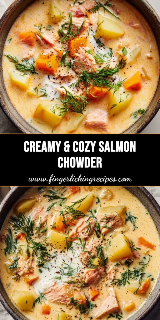 The Ultimate Creamy Salmon Chowder: A Rich & Velvety Seafood Classic 5 A rustic, deep ceramic bowl filled with creamy pale orange-tinted Salmon Chowder, featuring visible chunks of opaque pink salmon, soft diced Yukon Gold potatoes, carrots, fresh green dill, and a heavy cream swirl.