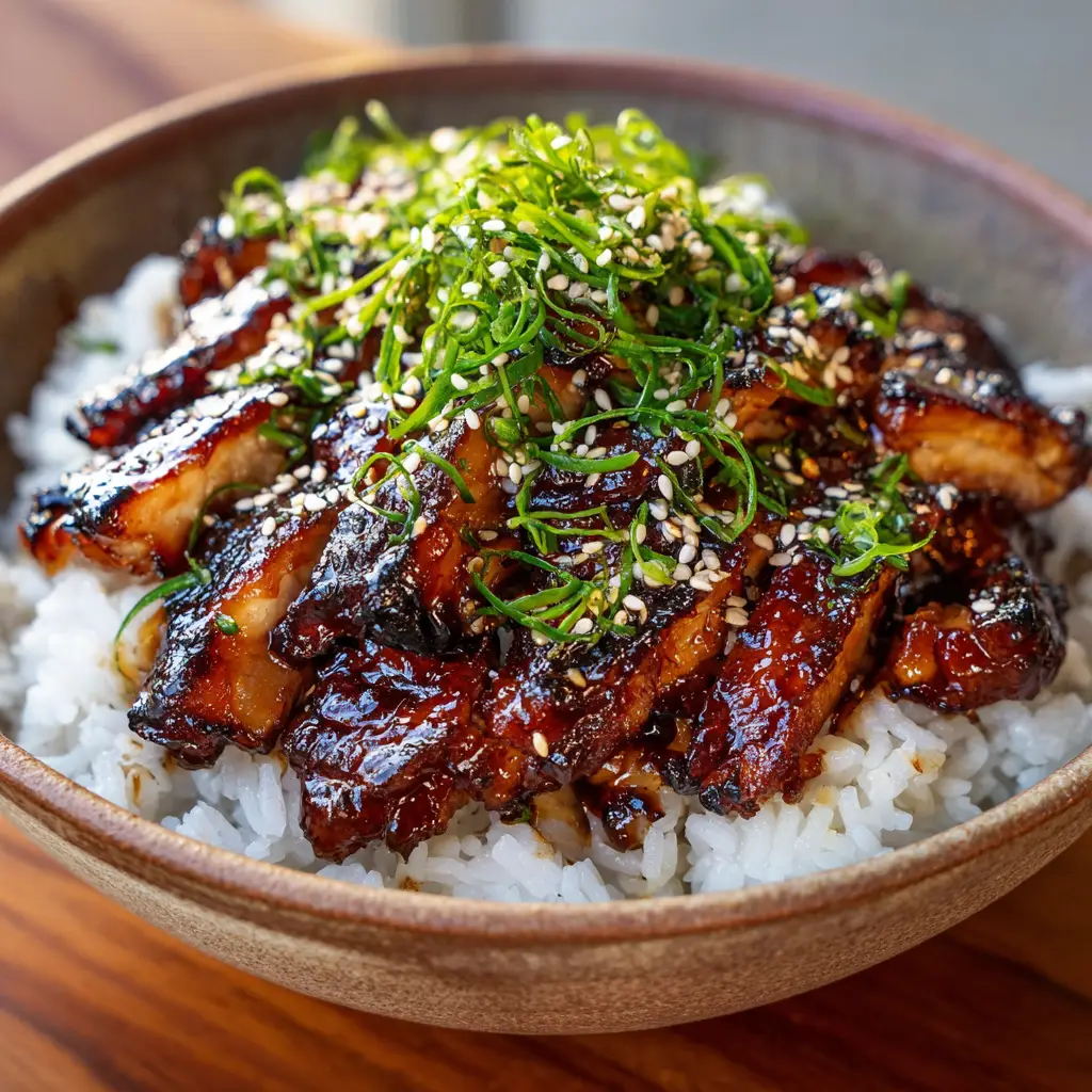 The Ultimate Teriyaki Chicken Rice Bowl Guaranteed to Satisfy 2 Top-down view of a rustic ceramic bowl filled with fluffy steamed white rice, sliced glazed teriyaki chicken, sesame seeds, and bright green scallions.