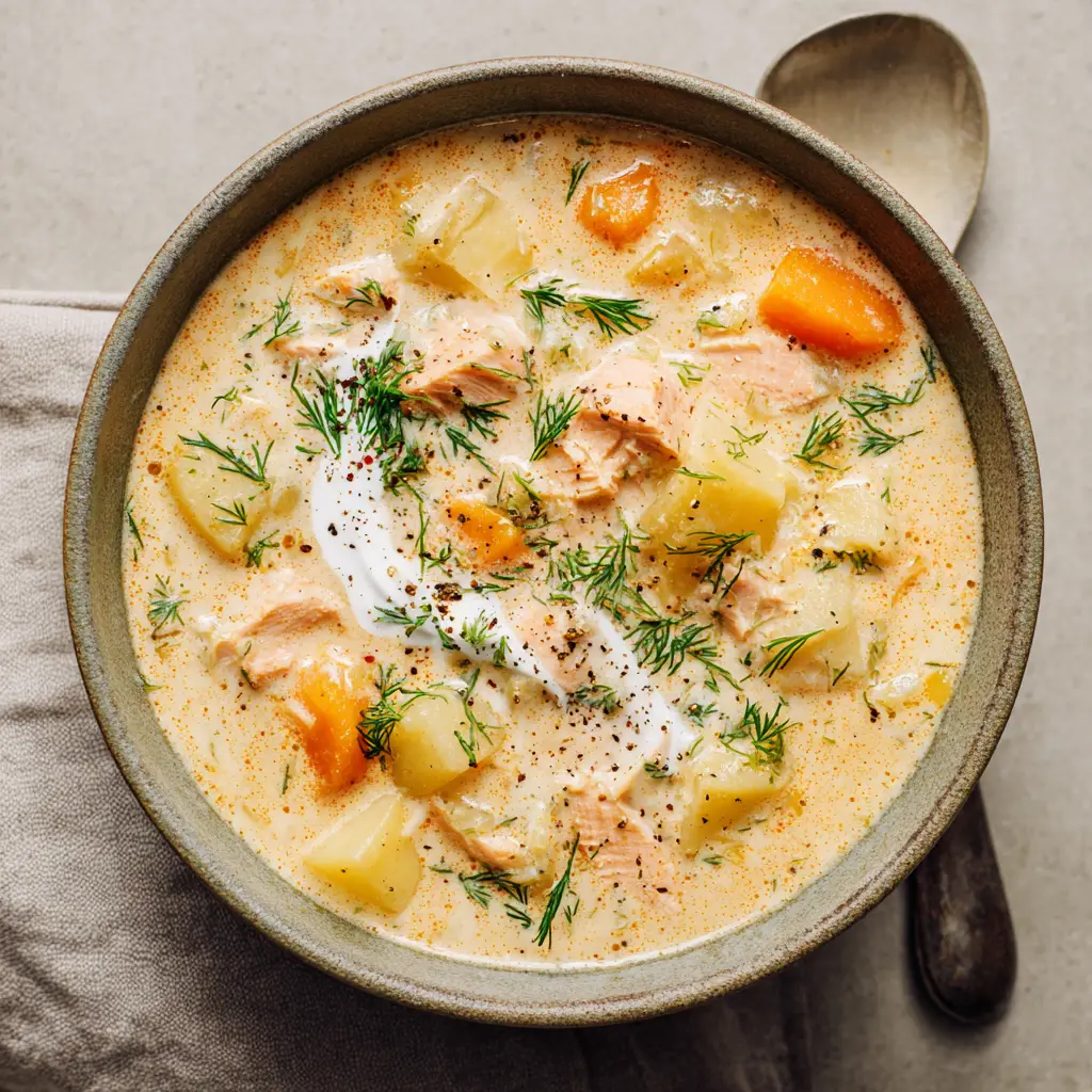 The Ultimate Creamy Salmon Chowder: A Rich & Velvety Seafood Classic 2 Handheld smartphone style photo showcasing a heavy cream swirl and coarse black pepper sprinkled over steaming Salmon Chowder.