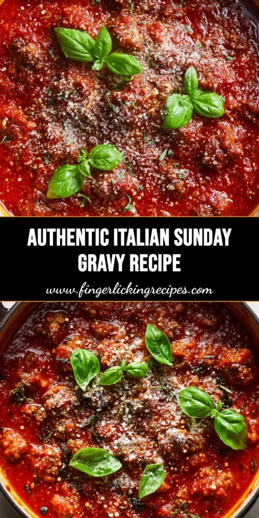 A rustic enameled Dutch oven filled with Authentic Italian Gravy, featuring thick deep red tomato sauce, browned sausage chunks, tender shredded meat, savory orange-red oil droplets, melting Parmesan, fresh basil leaves, and dried oregano.