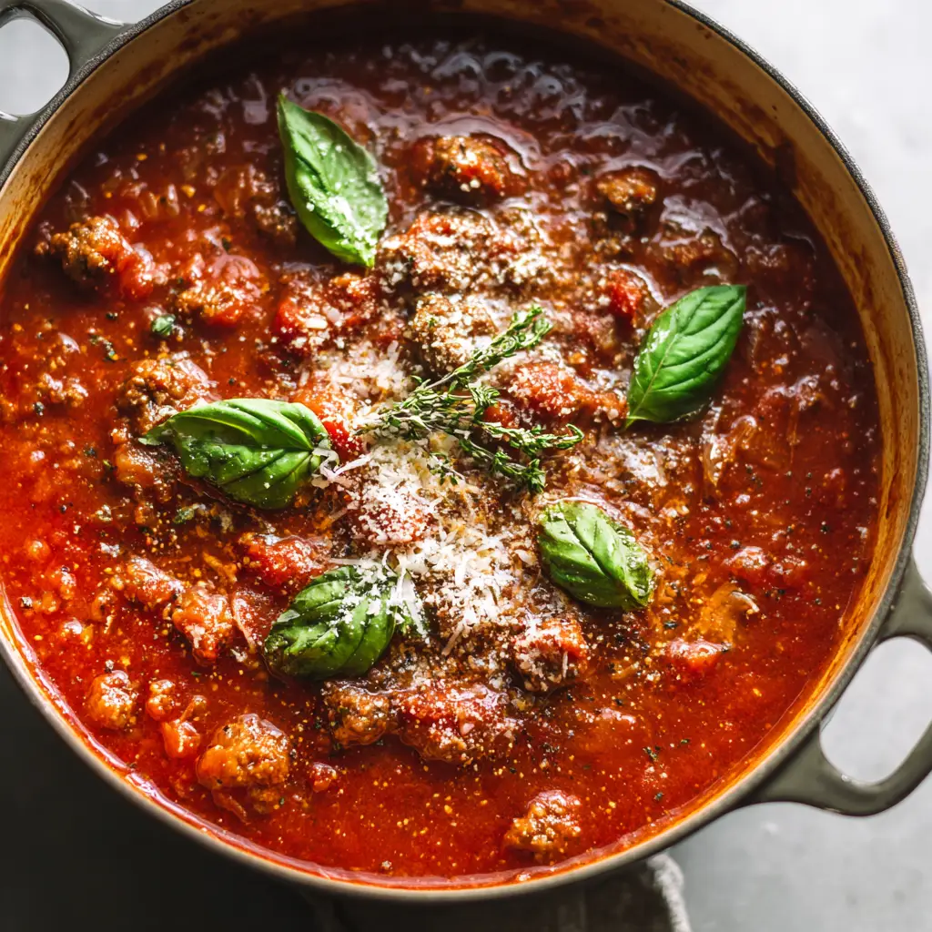 Top-down view of Authentic Italian Gravy garnished with finely grated melting Parmesan cheese, whole green basil leaves, and oregano.