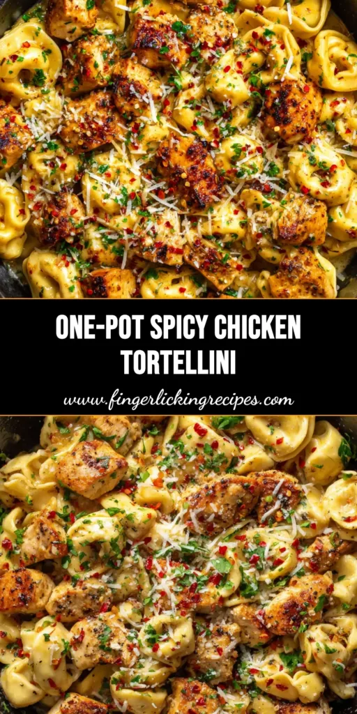 Close-up overhead view of a rustic cast iron skillet containing Garlic Butter Chicken Tortellini with melted Parmesan and green parsley.
