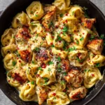 Golden-brown seared chicken breast cubes and cheese tortellini coated in a glossy garlic butter sauce.