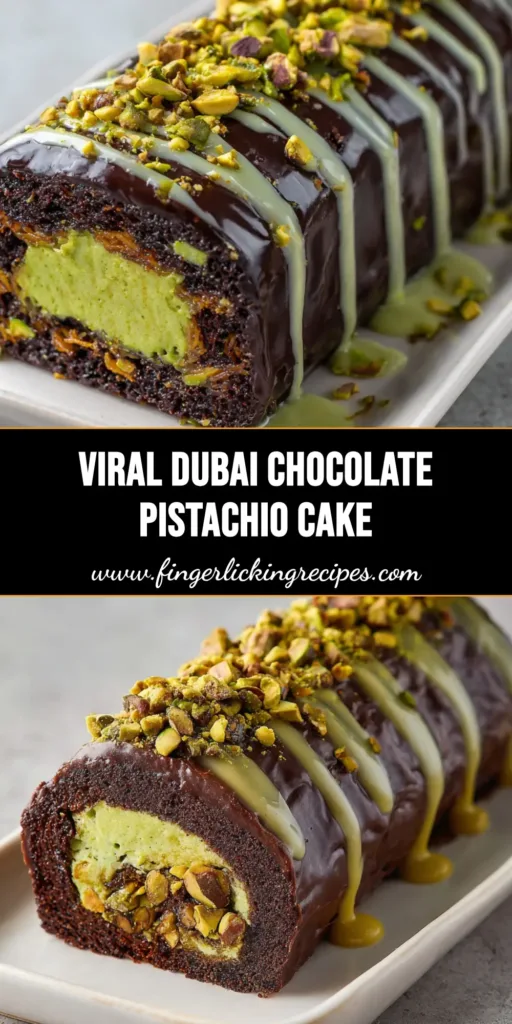 A slice of the Dubai Chocolate Pistachio Cake showing a gooey bright green pistachio cream and crispy kataifi center encased in a glossy dark chocolate shell.