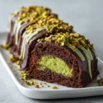 A long rectangular glossy dark chocolate cake sliced open to reveal a thick, bright green gooey pistachio cream filling mixed with crispy golden toasted kataifi pastry threads.
