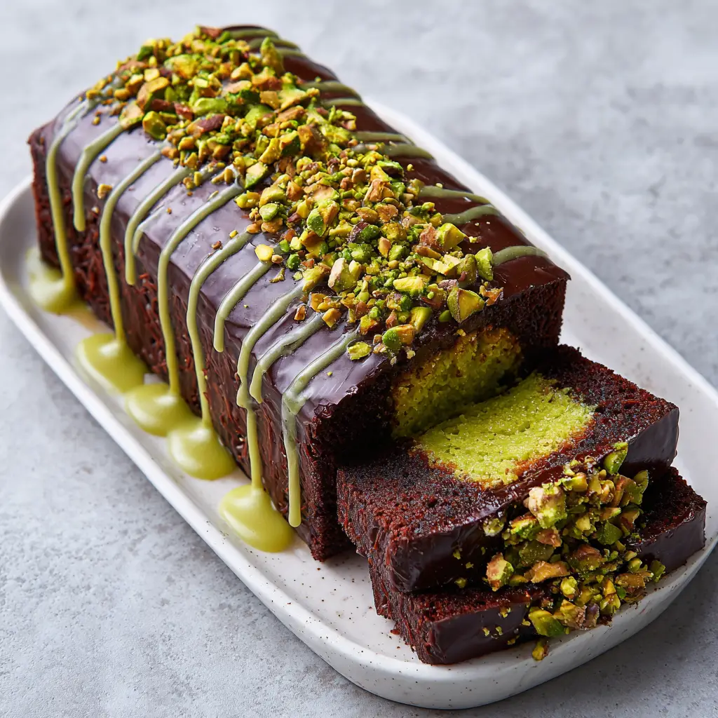 Close up of the smooth dark chocolate shell drizzled with a light green pistachio glaze and sprinkled with roughly chopped green roasted pistachios.
