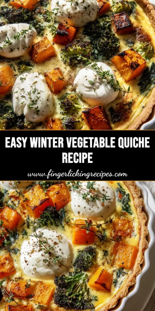 Winter Vegetable Quiche with Ricotta and Roasted Greens 5 A close up overhead shot of a freshly baked Winter Vegetable Quiche in a white fluted dish.