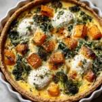 Freshly baked Winter Vegetable Quiche with a thick golden brown flaky crust and vibrant roasted butternut squash.