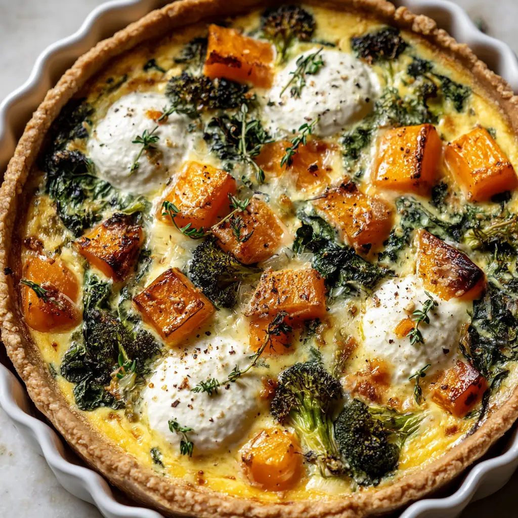 Winter Vegetable Quiche with Ricotta and Roasted Greens 3 Freshly baked Winter Vegetable Quiche with a thick golden brown flaky crust and vibrant roasted butternut squash.