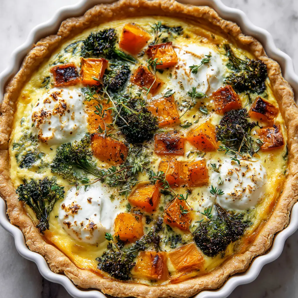 Winter Vegetable Quiche with Ricotta and Roasted Greens 2 Overhead view of Winter Vegetable Quiche topped with ricotta cheese dollops and fresh thyme.