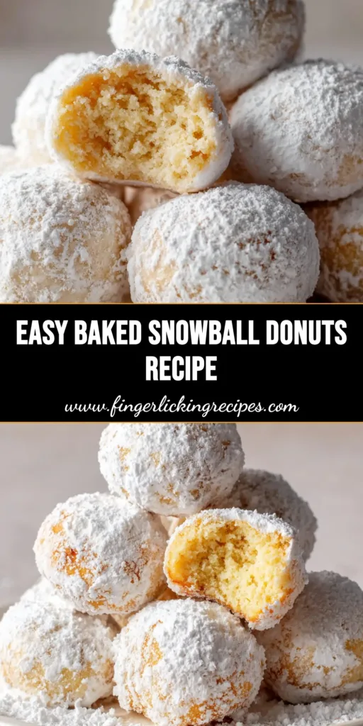 A pile of round, fluffy baked snowball donuts completely coated in thick white powdered sugar on a ceramic plate.