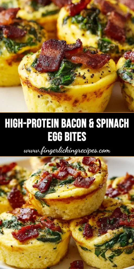 A close-up of baked spinach and bacon egg bite cups with a fluffy yellow interior, golden-brown crust, crispy bacon bits, wilted spinach, and black pepper garnish on a white ceramic plate.