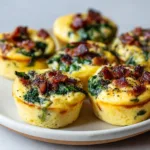 Fluffy Spinach and Bacon Egg Bites (Café-Style Morning Prep) Detailed view of the dense, vibrant yellow baked egg matrix studded with crispy dark reddish-brown bacon bits and thin ribbons of wilted dark green spinach.