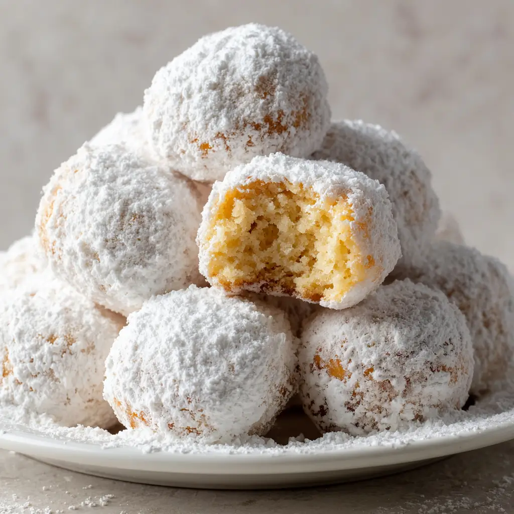 Round baked donuts resting on a white ceramic plate dusted with loose powdered sugar.
