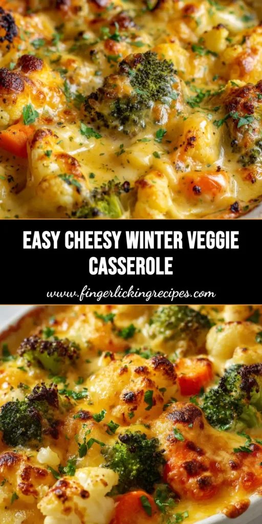 A close-up of a bubbling Winter Vegetable Casserole in a rustic white ceramic dish, featuring steamed broccoli, cauliflower, carrots, and a golden-brown baked cheddar crust.