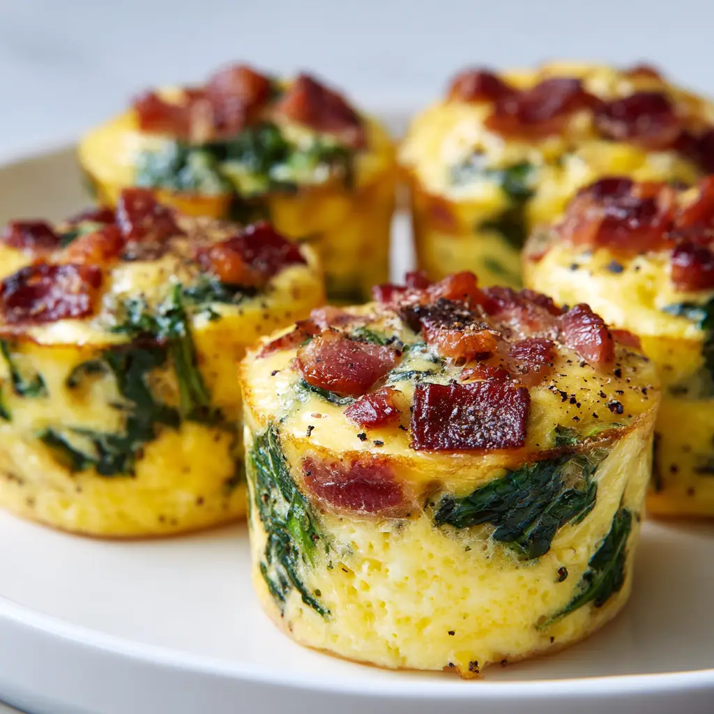 Top-down view of spinach and bacon egg bites showcasing the slightly domed, lightly golden-brown baked crust garnished with coarse black pepper.