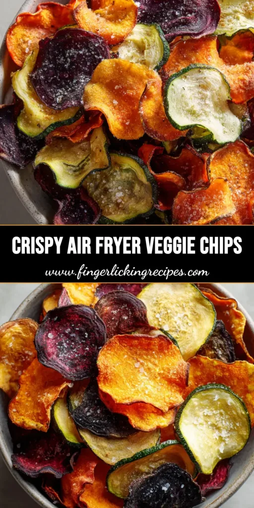 The Ultimate Crispy Air Fryer Veggie Chips 5 A rustic ceramic bowl piled high with vibrant, crispy Air Fryer Veggie Chips including sweet potato, beet, and zucchini.