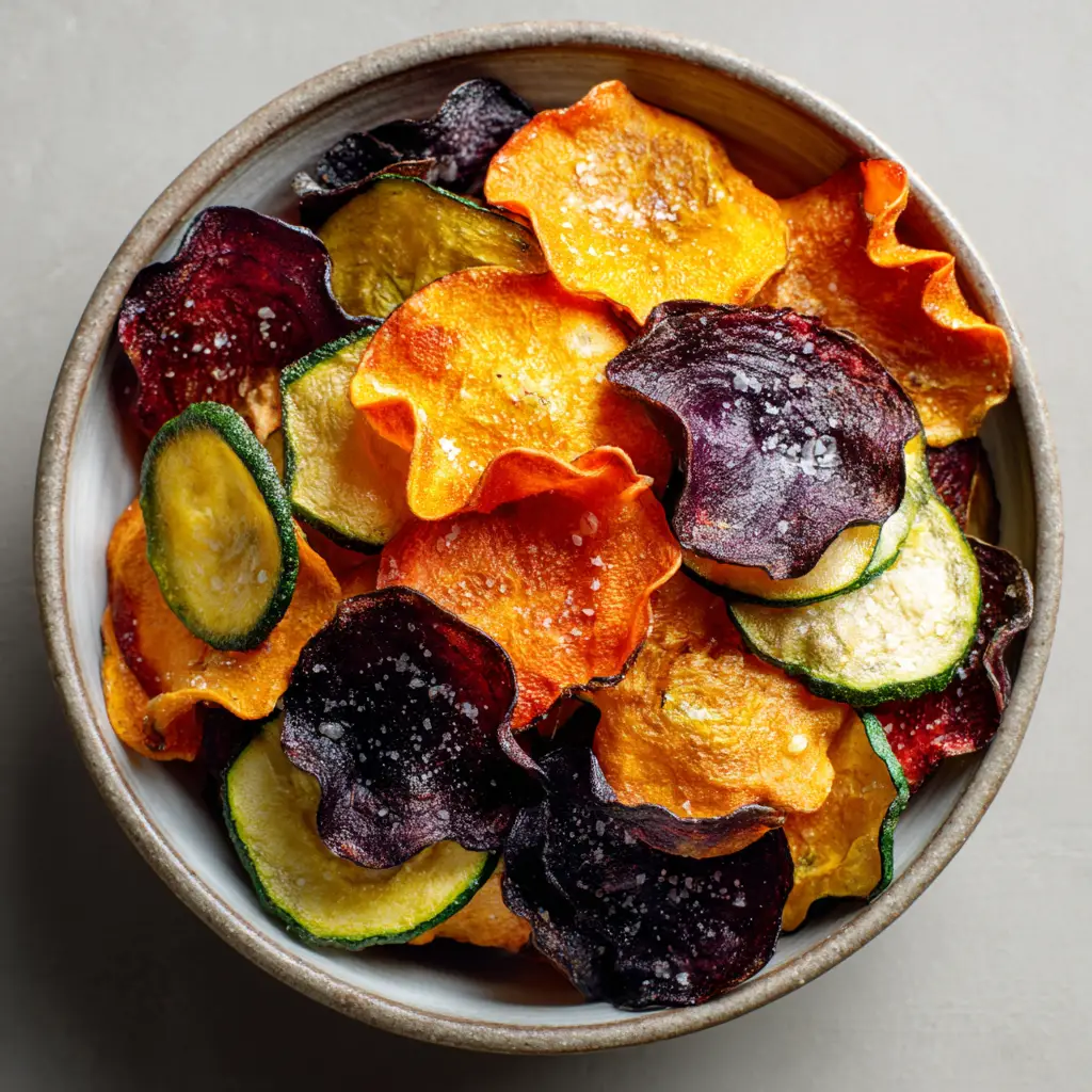 The Ultimate Crispy Air Fryer Veggie Chips 2 Detail of lightly charred vegetable chip edges speckled with coarse white sea salt flakes.
