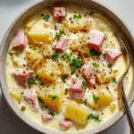 Close-up of Creamy Potato and Ham Soup with large tender pale yellow cubed potatoes and chunks of cooked pink ham in a white-yellow broth.