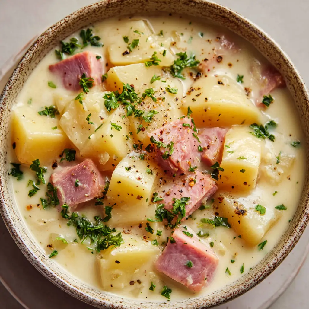 An artisanal speckled ceramic bowl filled with thick, glossy Creamy Potato and Ham Soup, resting on a neutral table.