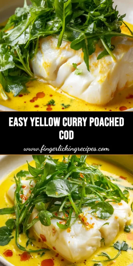 A thick, flaky piece of white cod in a shallow bowl of creamy yellow coconut curry sauce with watercress and chili oil droplets.