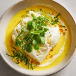 Overhead view of perfectly poached white cod gently flaking apart in a vibrant yellow coconut curry sauce.