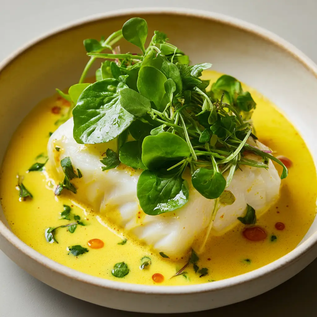 Close up of yellow curry poached cod garnished with fresh green watercress, white coconut cream swirls, and orange chili oil.