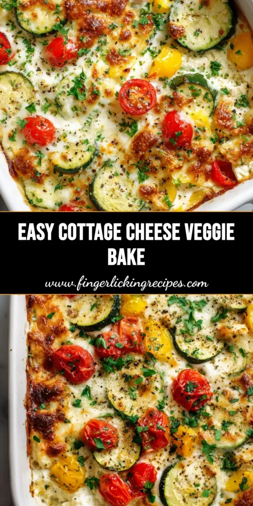 A close-up, overhead shot of a freshly baked Cottage Cheese Veggie Bake in a white ceramic dish, featuring roasted zucchini, cherry tomatoes, yellow bell peppers, and a bubbly mozzarella crust.