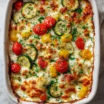Overhead view of creamy cottage cheese curds mixed with zucchini, tomatoes, and bell peppers in a white baking dish.