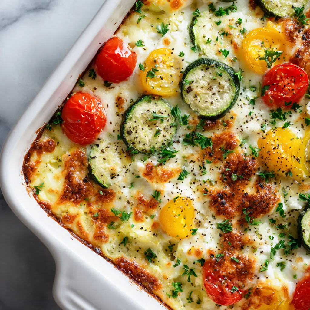 Golden-brown, bubbly melted mozzarella cheese layer on top of a baked cottage cheese and vegetable casserole, garnished with parsley.