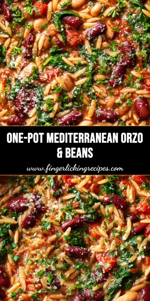 The Ultimate One-Pot Mediterranean Orzo Skillet 5 Top-down close-up of One-Pot Mediterranean Orzo in a dark cast iron skillet showing plump pasta, beans, stewed tomatoes, wilted spinach, and parmesan garnish.