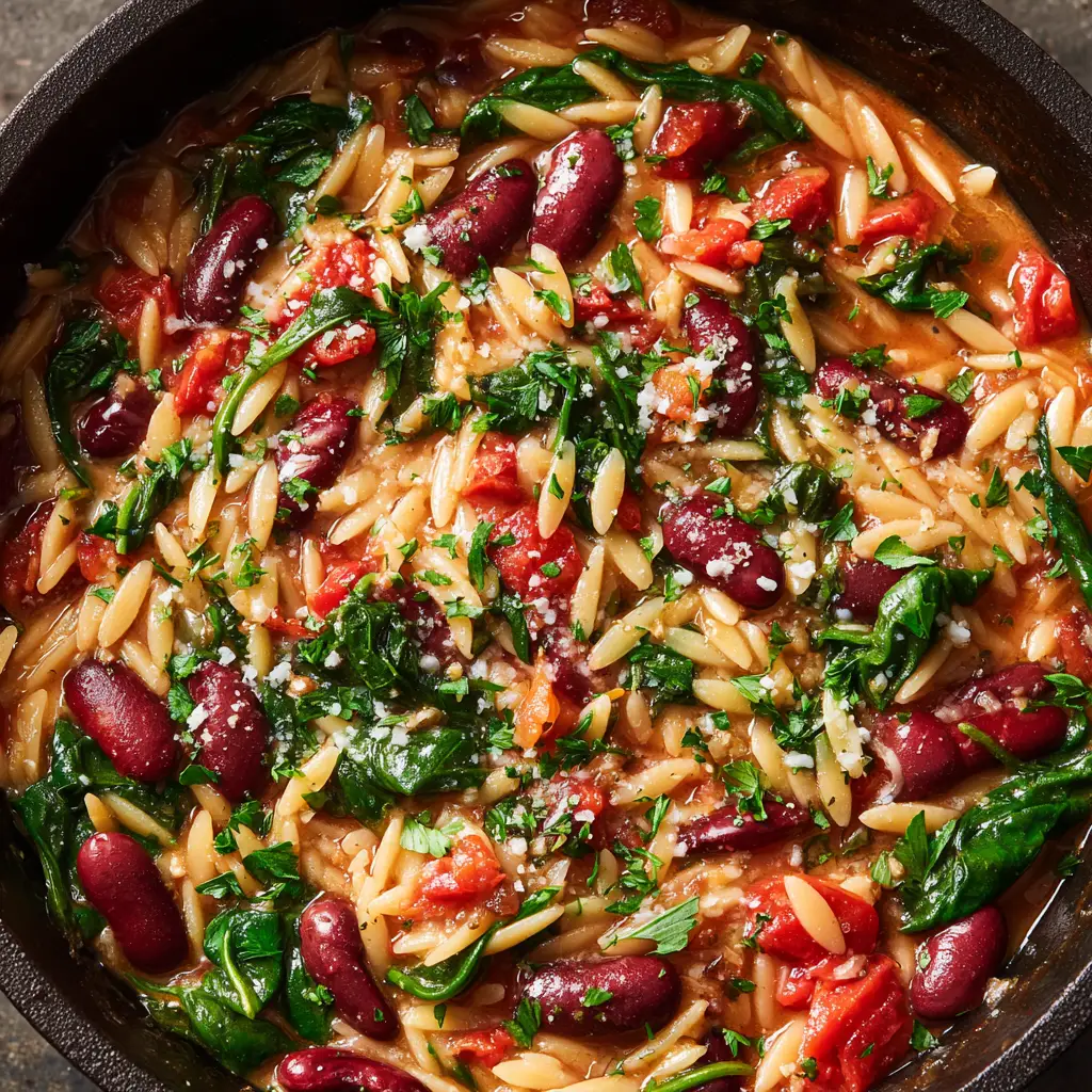 The Ultimate One-Pot Mediterranean Orzo Skillet 3 Close-up of the glossy, light reddish-brown savory broth coating the One-Pot Mediterranean Orzo with kidney beans and diced tomatoes.
