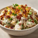 Close up of shredded chicken breast bound in a thick, glossy white cream cheese and mayonnaise dressing for Jalapeno Popper Chicken Salad.